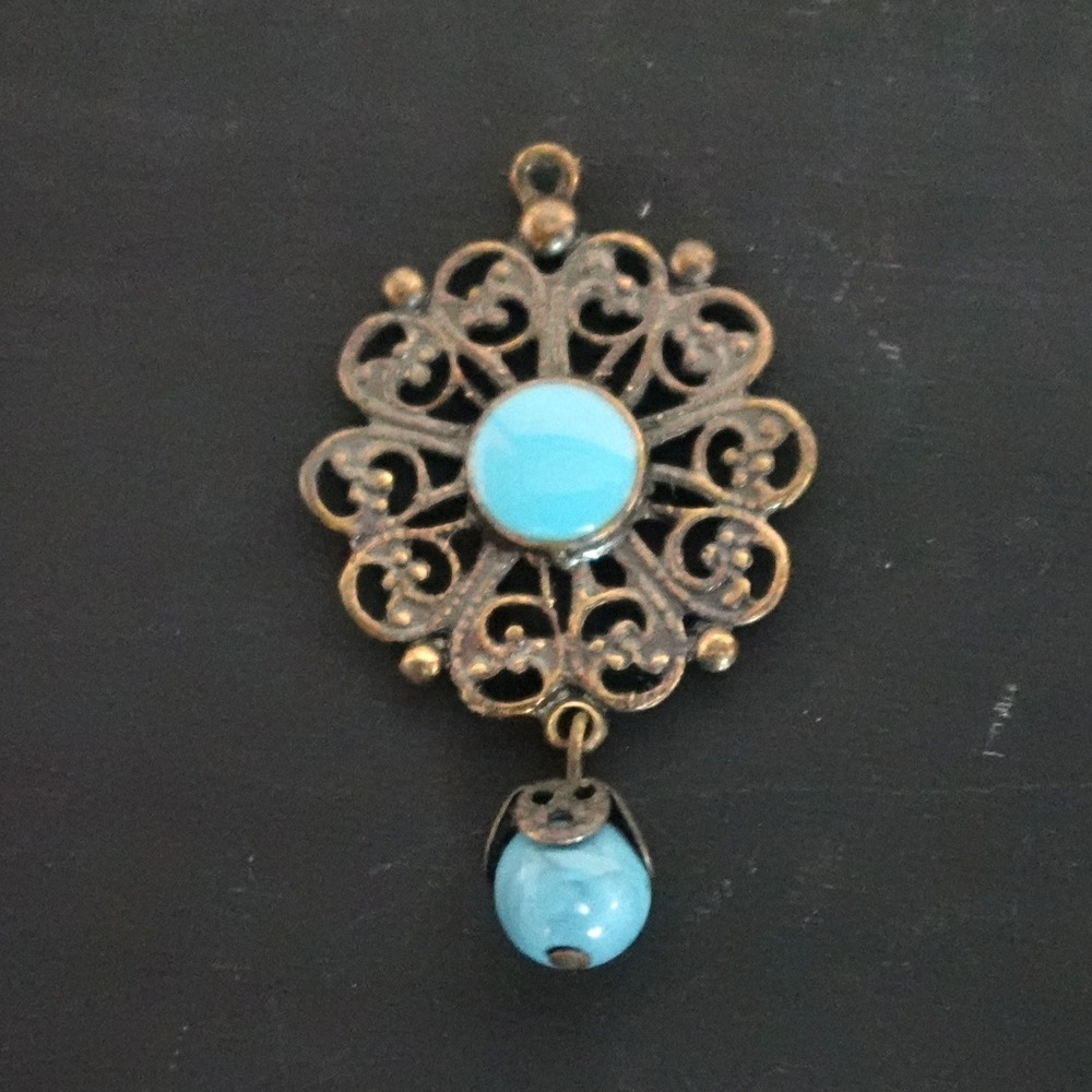 Vintage Brass Filigree Turquoise Cabochon Dangle Pendant Boho Mandala Charm